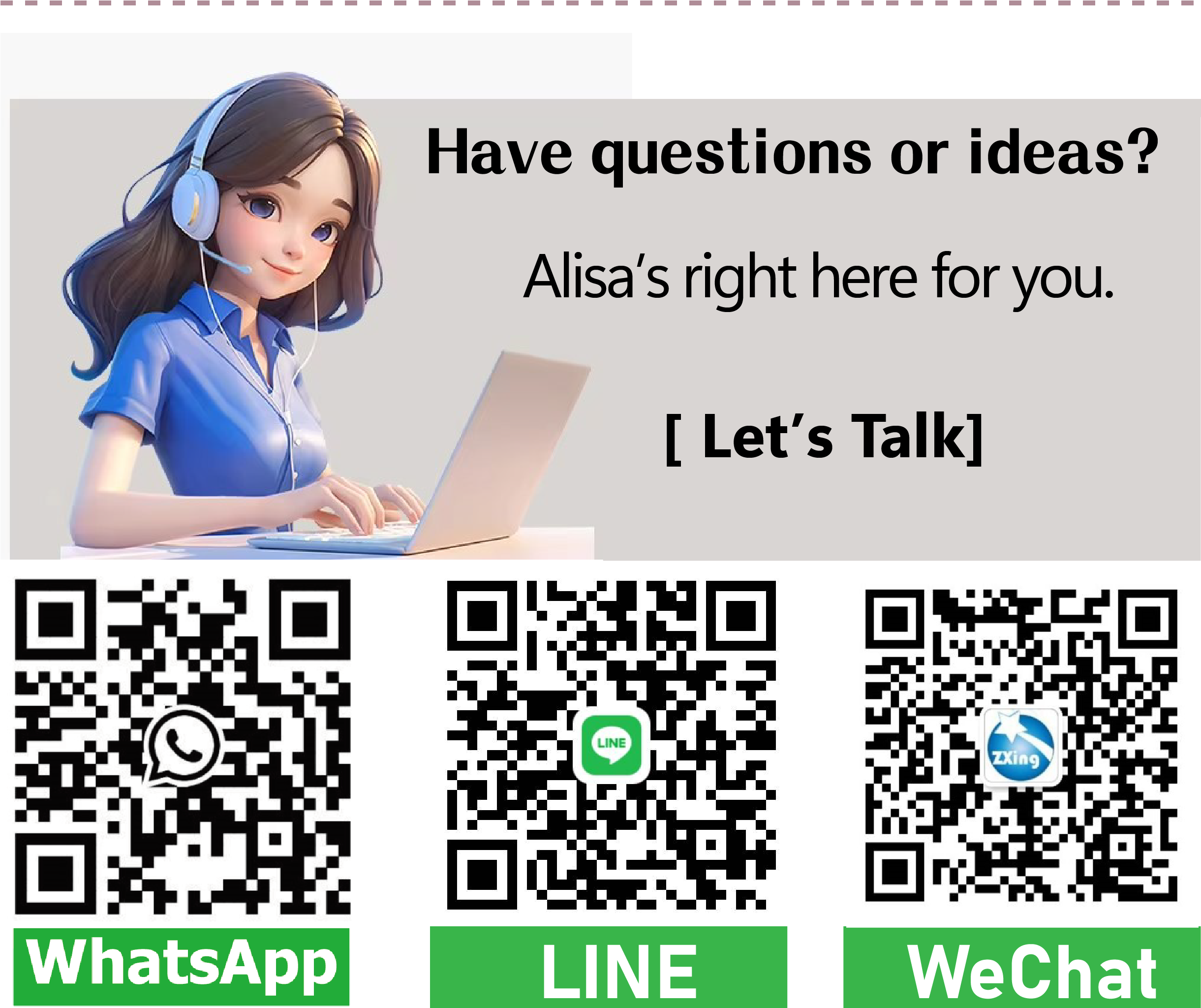 Contact Alisa from Zhu Xing Industry via WhatsApp, LINE, or WeChat – customer service QR codes for product inquiries, orders, and business collaboration.