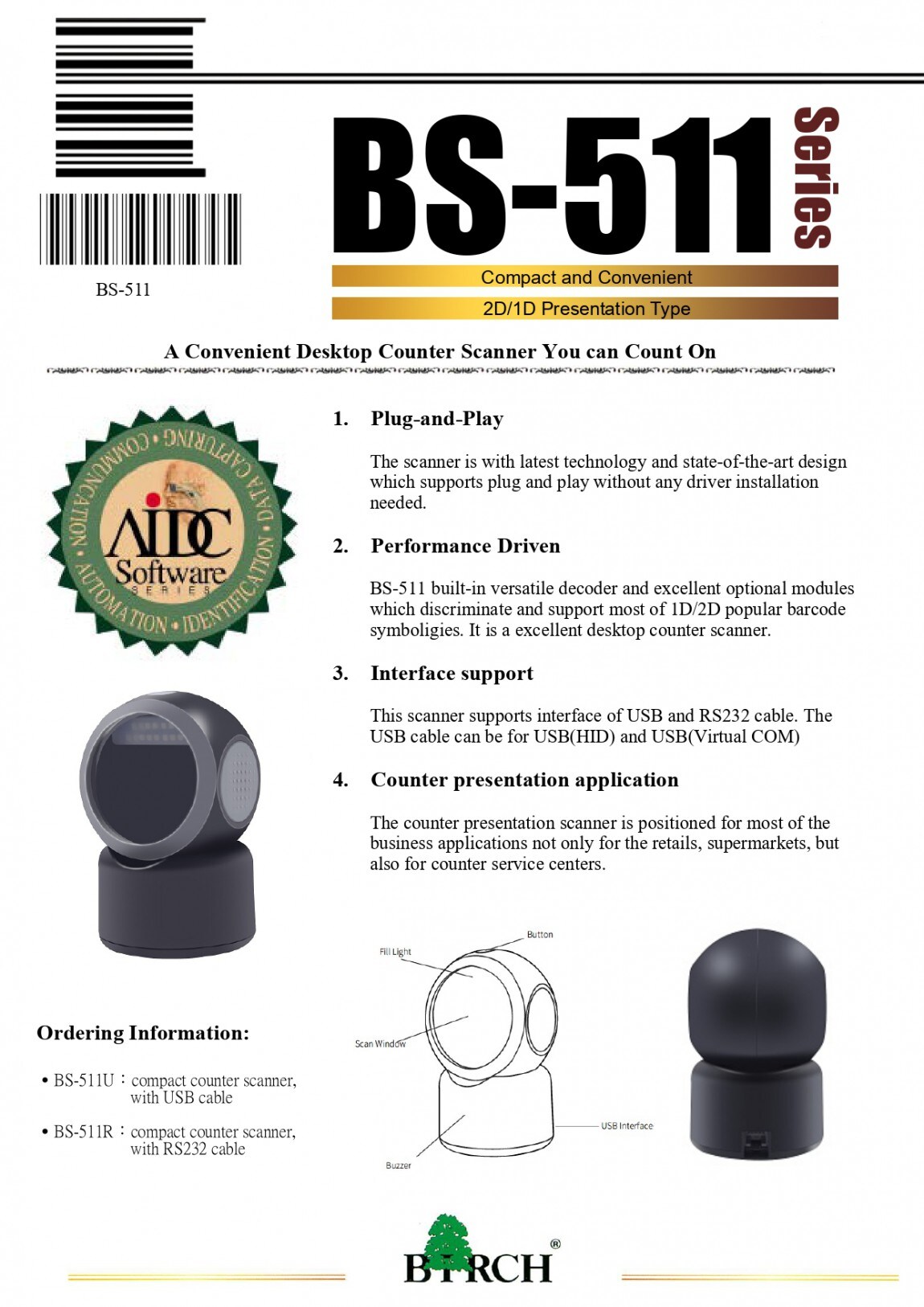 BS-511 Round stylish 2D desktop barcode scanner | BIRCH TECHNOLOGY INC.