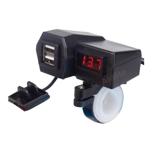 12V Motorcycle 2-Port USB Charger With Voltmeter and Switch ON/OFF