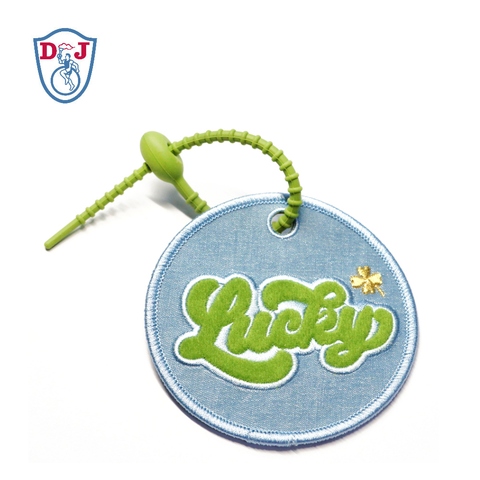 Soft Denim Embroidered Name Tag Velour Applique with Silicone Twist Tie