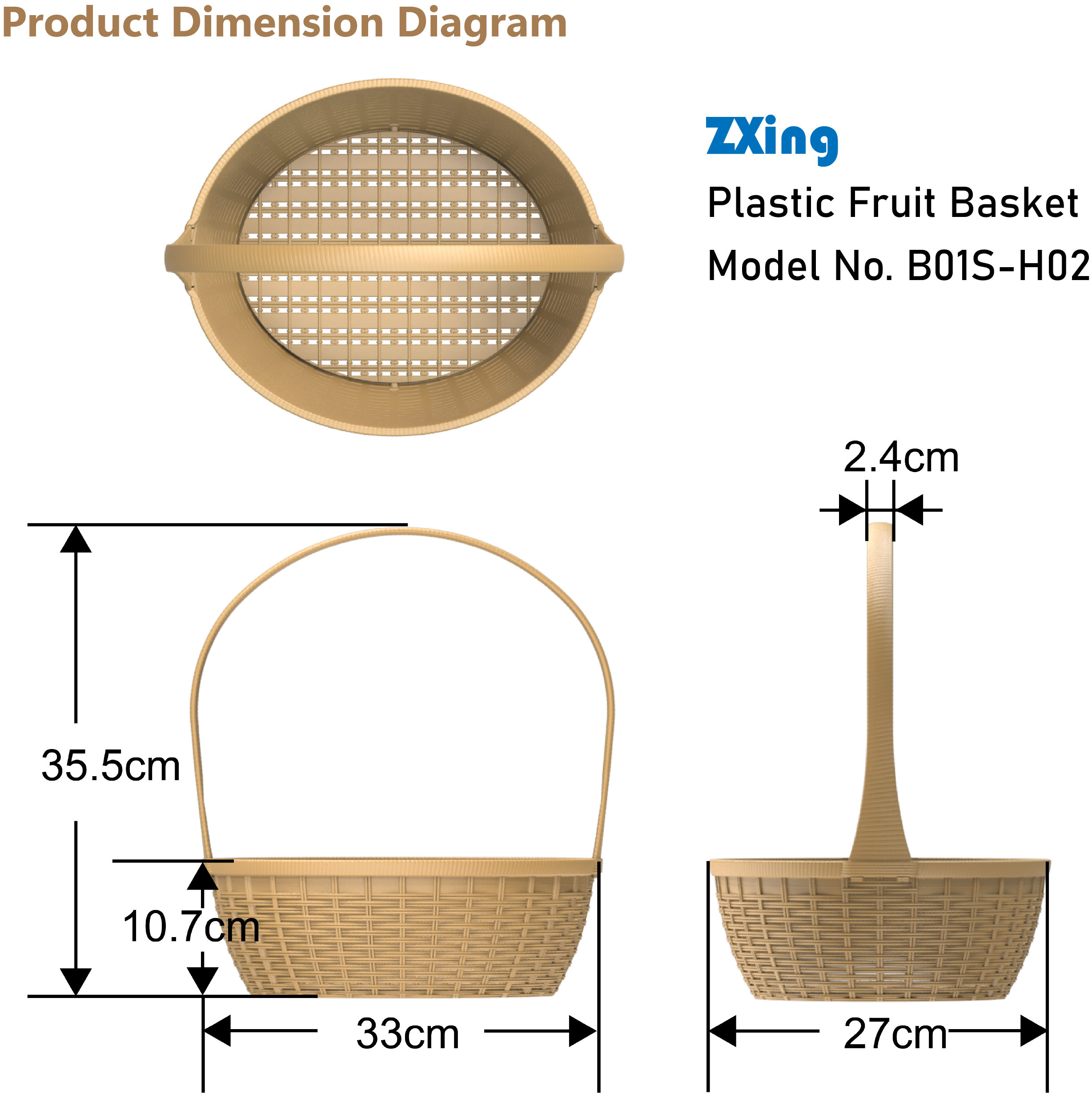 Dimension diagram of plastic fruit basket — detailed size specifications for OEM quotation and wholesale purchasing reference.
