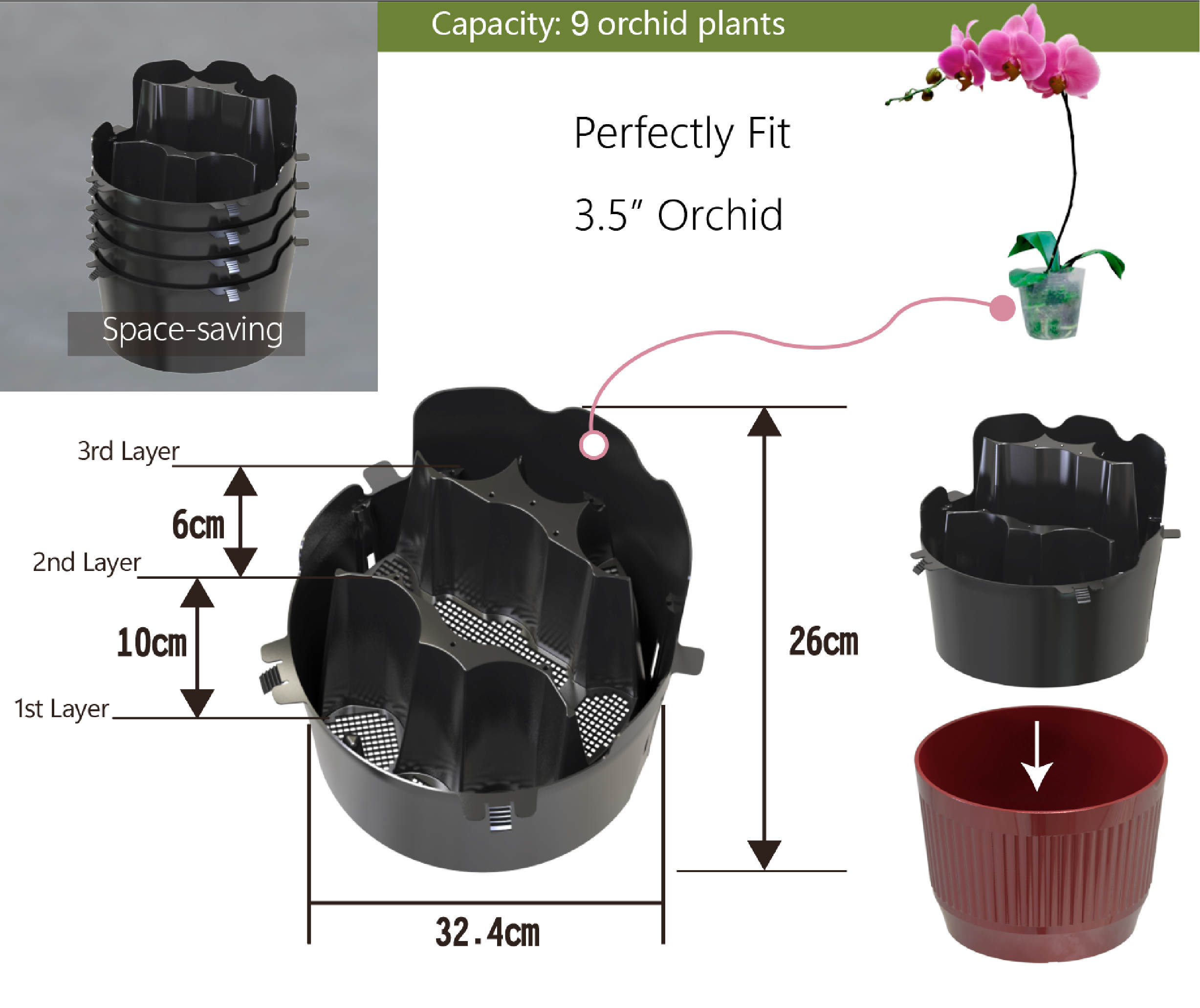 Large F324 quick-assembly floral tray, fits up to 10 orchids, top angle shot for exhibition flower booths