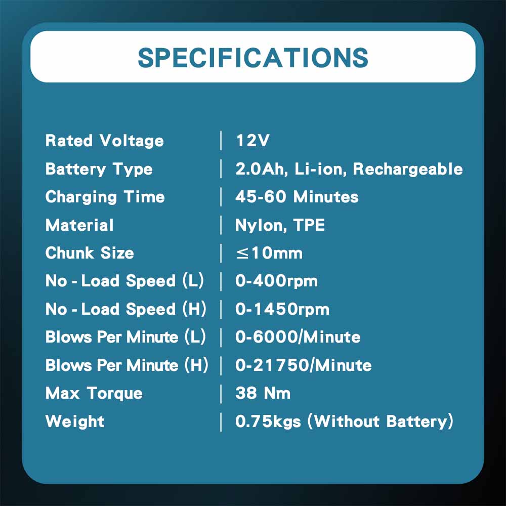 12V brushless hammer drill percussion drill specification