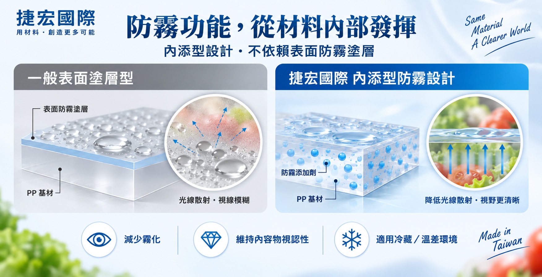 捷宏國際內添型防霧PP技術示意,防霧添加劑加入PP樹脂內部,不依賴表面防霧塗層