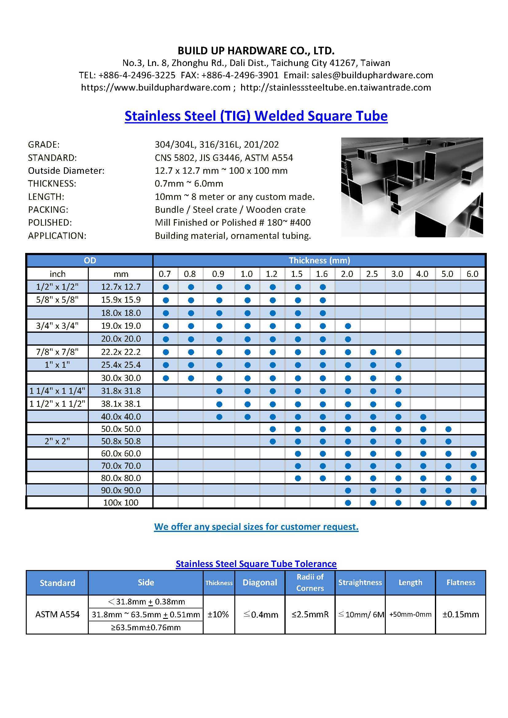 Stainless Steel Square Tube Sizes