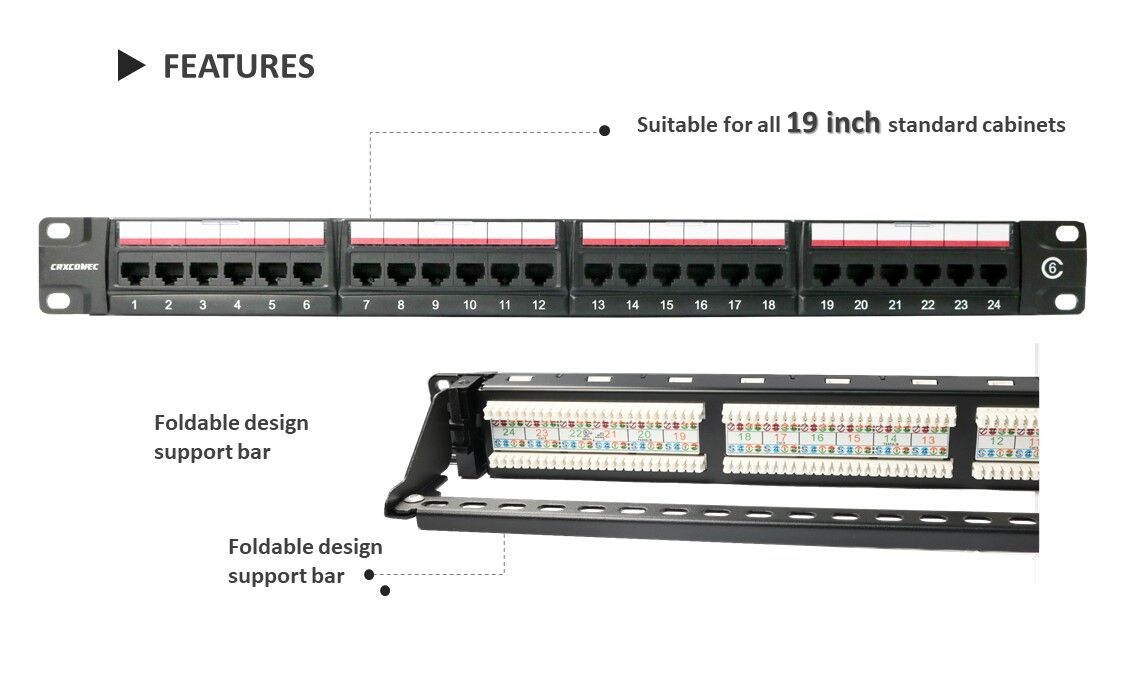 Cat.6 1U 24 Port 180 درجة ، مع قضيب دعم