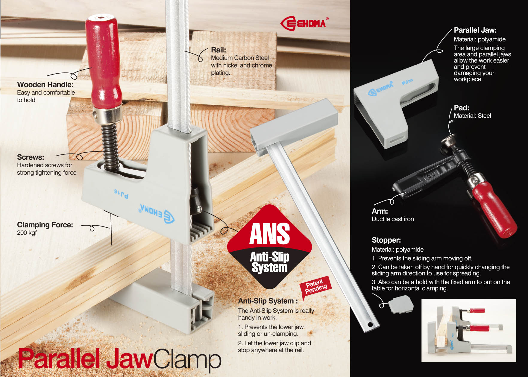 Parallel Jaw Clamp Wood Handle (AntiSlip System) EHOMA INDUSTRIAL