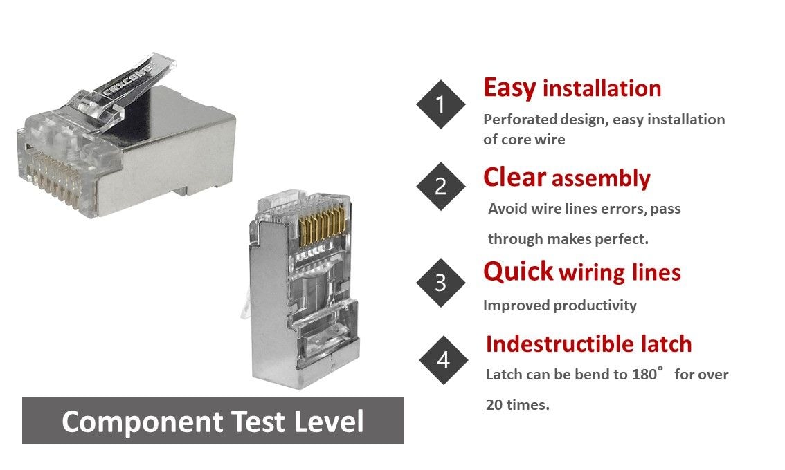 Das perforierte Design. Die durchsichtige Montage vermeidet Drahtleitungsfehler, das Durchgangsdesign macht Ihren Stecker perfekt. Der Riegel kann über 20 Mal über 180 ° gezogen werden, er zeigt Haltbarkeit.