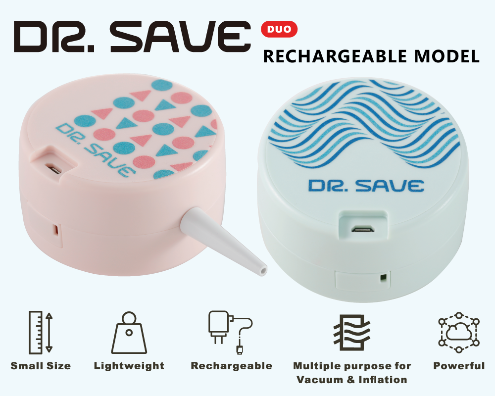 the feature of DR. SAVE DUO Rechargeable Vacuum Pump / Air Pump