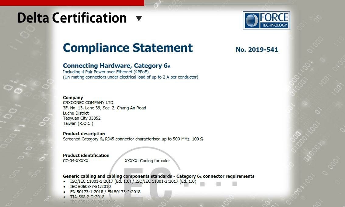 Certificación Keystone Jack de 180 grados Cat.6A verificado por Delta