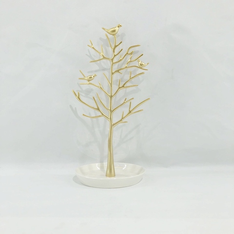 GOLD METAL TREE JEWELRY HOLDER WITH CERAMIC BASE