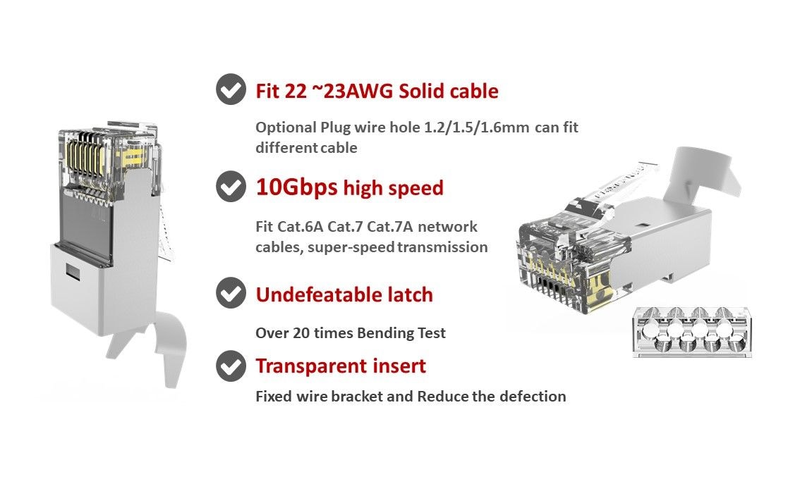 Le câble RJ45 pour diamètre est adapté avec un câble solide de 22 ~ 23 AWG, les différents trous de fil peuvent s'adapter à différents câbles, notre prise peut également être utilisée en Cat.7 et Cat.9A.