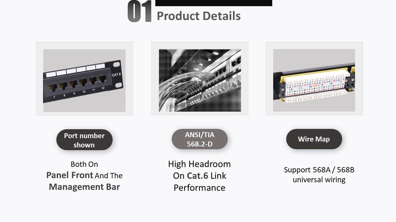 El panel del módulo de PCB Cat.6 de 10 pulgadas admite cables trenzados y sólidos de 22AWG a 26AWG, lo que admite el rendimiento de transmisión cat6.