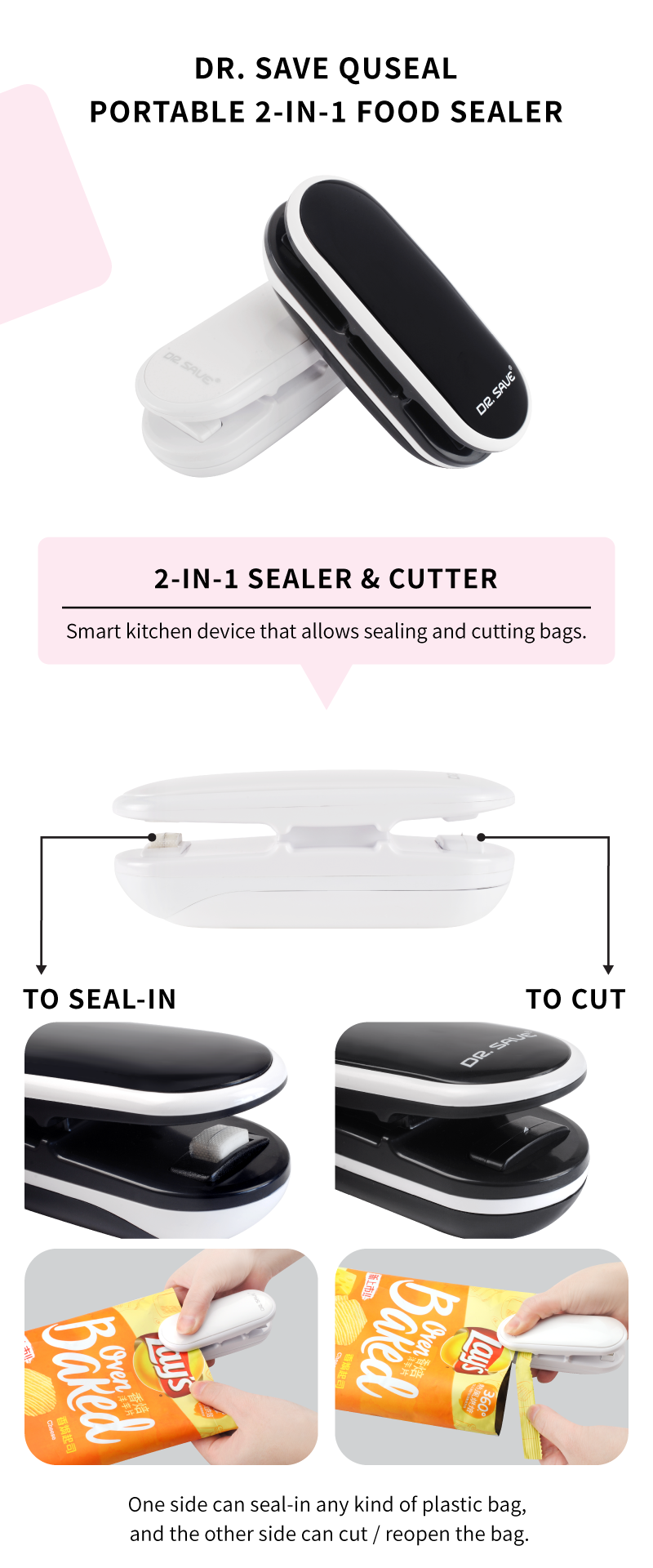 DR. SAVE QUSEAL Mini Sealer with cutter for Food, chips, plastic bags