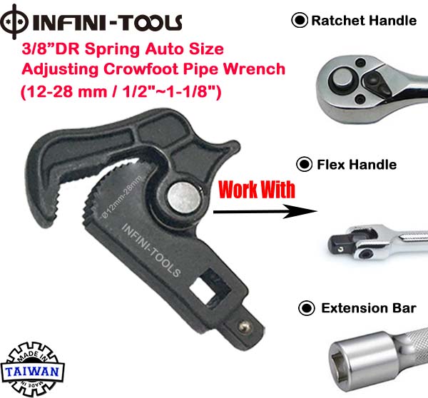 Spring-Loaded Auto Size Adjusting Crowfoot Pipe Wrench,Universal Wrench  ,Power Grip Wrench,Rapid Pipe Wrench, 3/8 DR