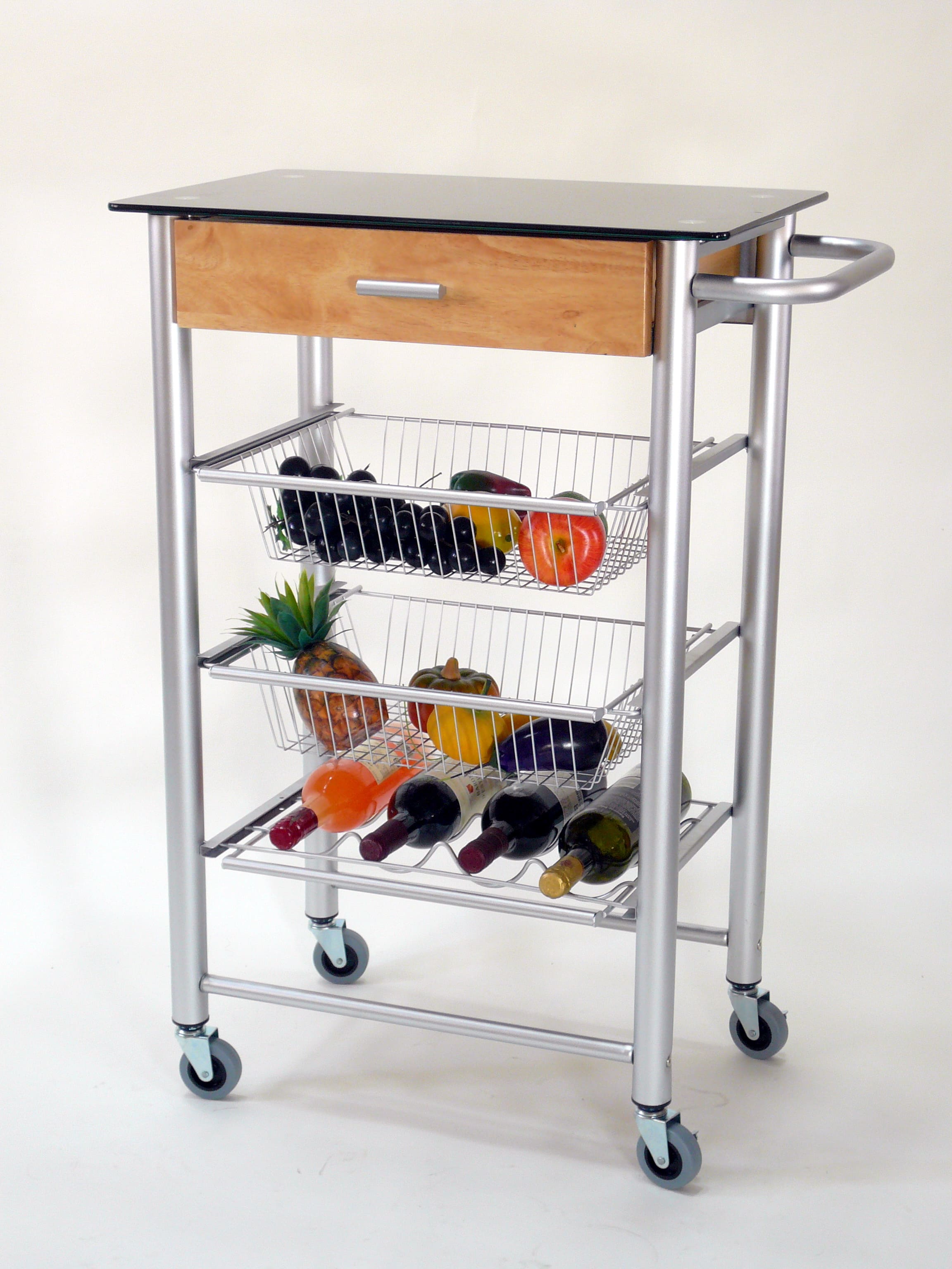 4 Tier Glass Serving Cart with Wine Rack and Drawer