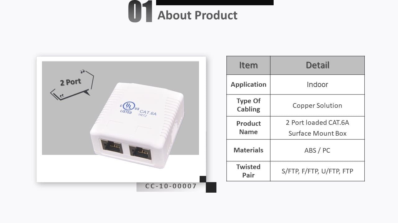 La caja de montaje en superficie Crxconec Cat6A es compatible con el cable Ethernet STP 23 ~ 26AWG categoría 6a, es una buena solución para el instalador de cableado cuando necesita agregar cualquier tomacorriente de montaje en pared Rj45 adicional en cualquier lugar.
