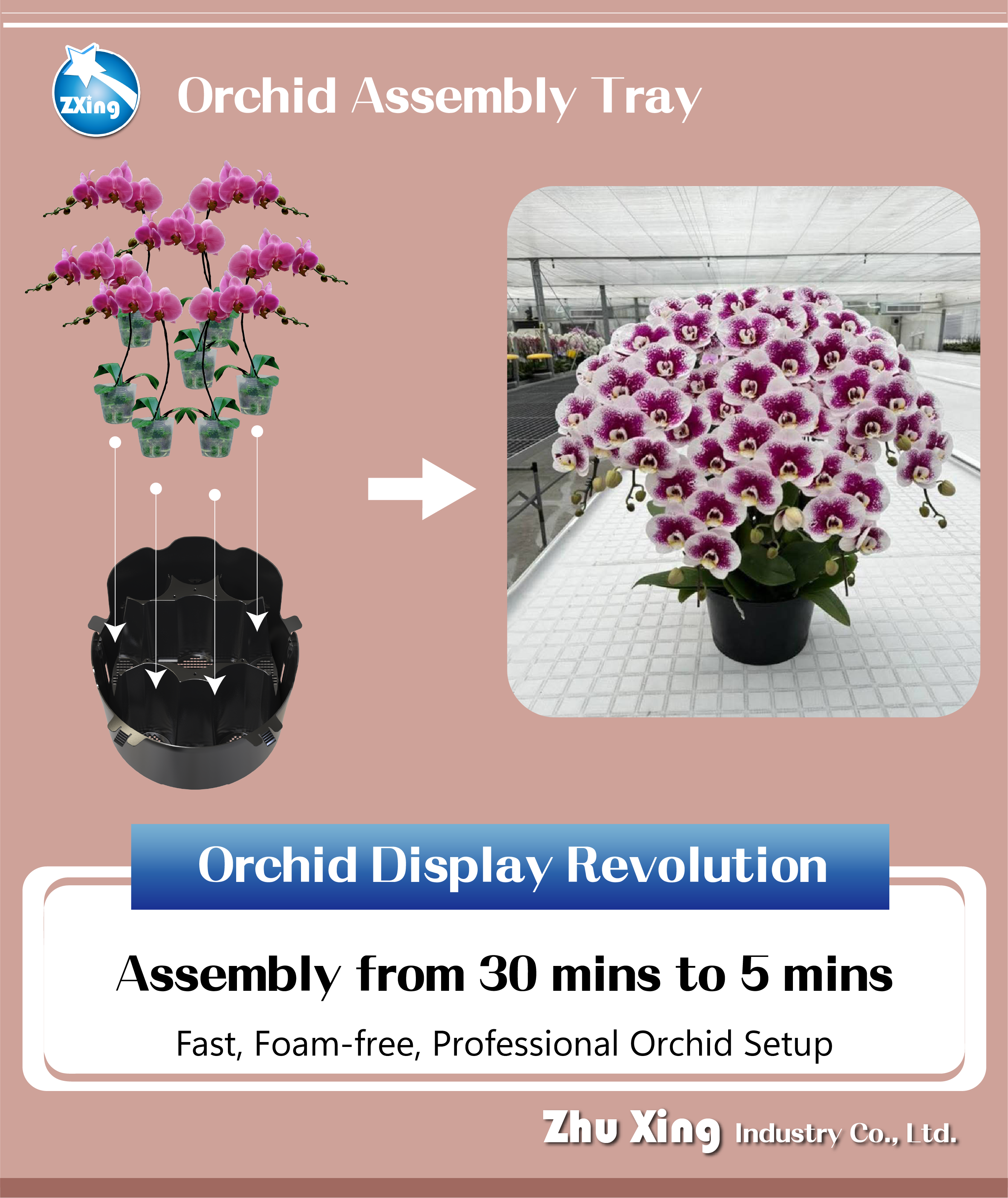 F324 PP orchid tray, 7–10 orchid capacity, side angle shot, stackable for wholesale export packaging