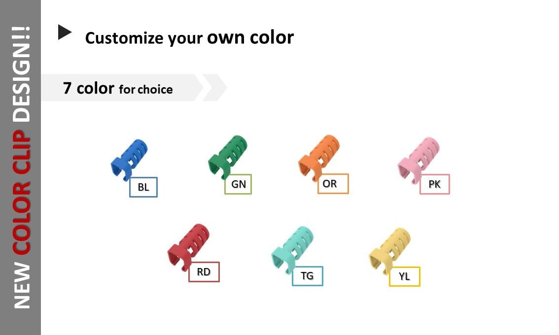 Los clips de color se pueden cambiar, puede cambiar los clips usted mismo para que su cable de conexión sea más fácil de reconocer y también sea más atractivo.