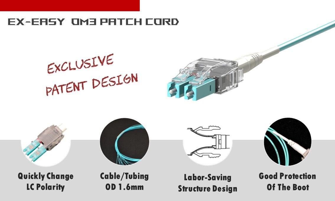 Das Easy-Ex Multimode OM3 LC-LC-Duplex-Glasfaser-Patchkabel benötigt nur 3 Sekunden, um die Polarität zu ändern. Das Patchkabel wird nicht beschädigt und die Haltbarkeit erhöht.