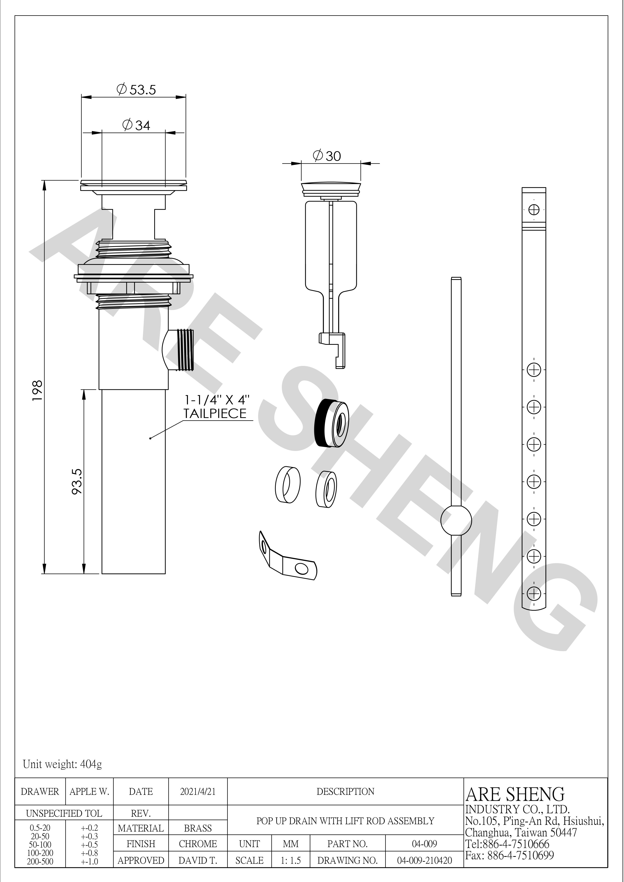 pop up drain dimension drawing of 04-009