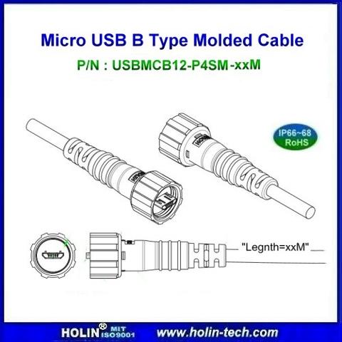 Waterproof Micro USB 2.0 B type plug, Overmolded Cable