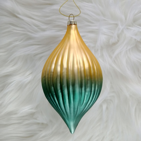 Gold and Green Geometric Textured Glass Drop Ornament, Onion Shape Blowed Glass Ornament, Christmas Decoration