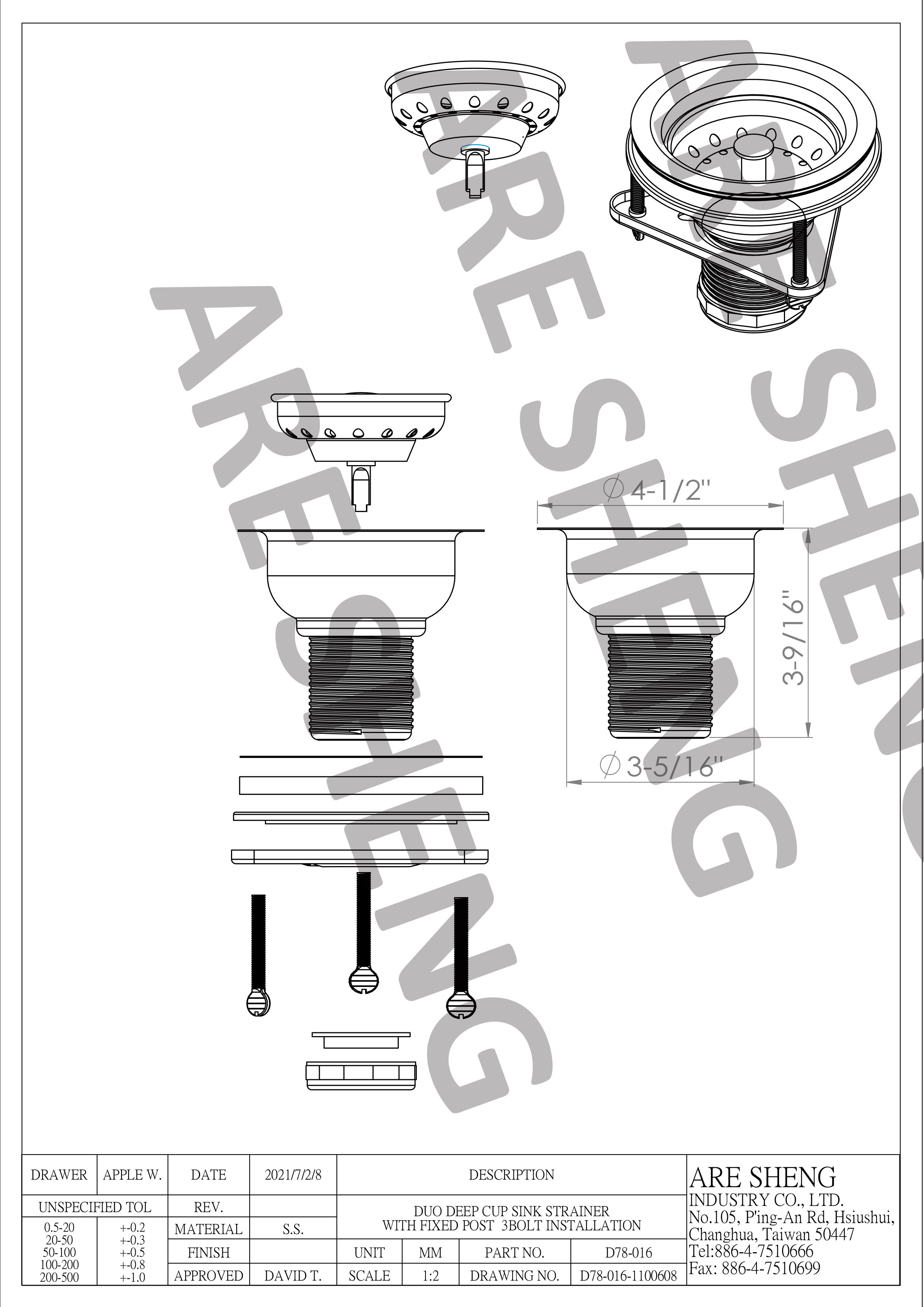 3 bolt hex sink strainer dimension drawing