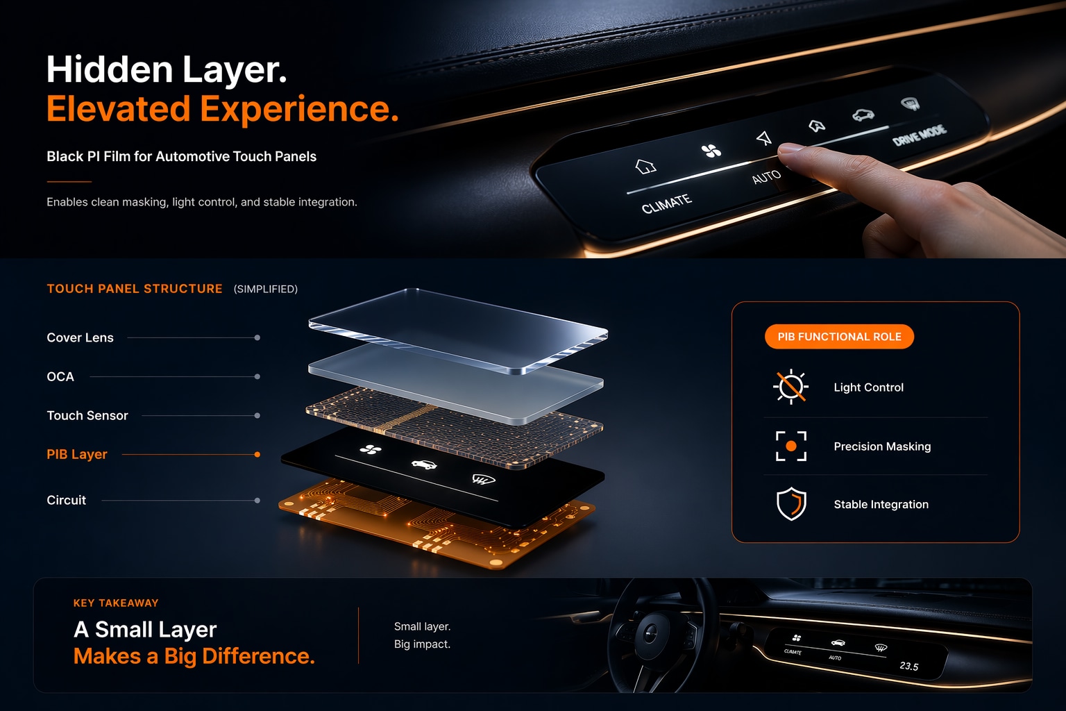 Black glossy polyimide film (PIB) used as a functional masking layer in an automotive touch panel, enabling light blocking, sensor integration, and clean user interface design within the display stack.