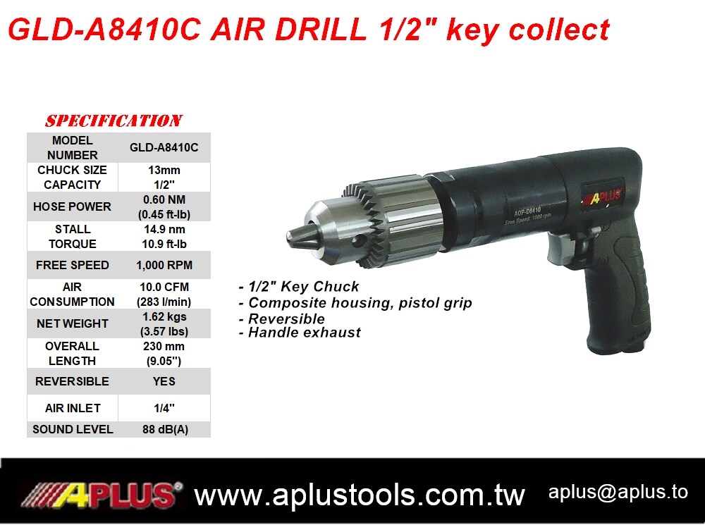 GLD-A8410, 1/2" CHUCK, REVERSIBLE AIR DRILL, COMPOSITE HOUSING, GEAR TYPE