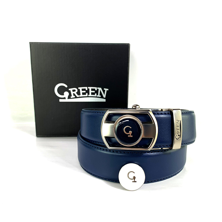 GREEN Golf belt buckle with NAVY genuine leather with markers
