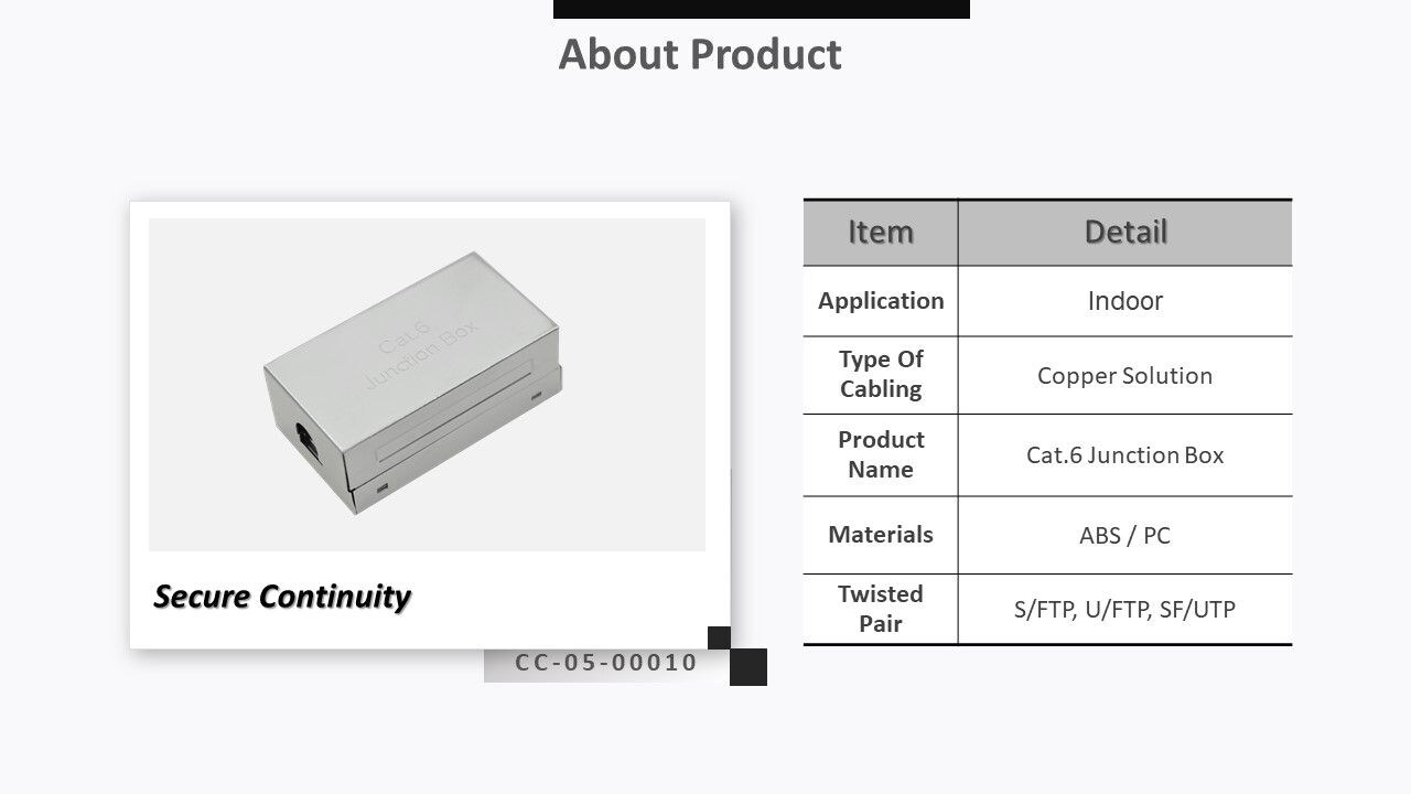 يدعم صندوق التوصيل Cat6 STP مقياس السلك من 23AWG إلى 26AWG ، وهو مناسب لأداة ثقب 110. هل تحتاج إلى اتصال سريع وموثوق لكابلين؟ استخدم صندوق التوصيل السهل الخاص بنا ، فهو يوفر تثبيتًا موثوقًا وسريعًا!