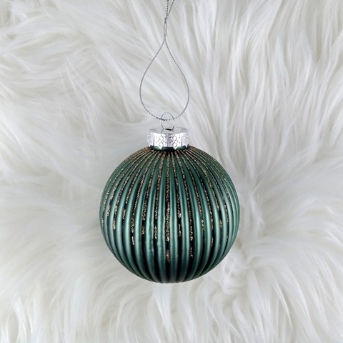 Dark Green Geometric Textured Glass Ball Ornament, Blown Glass Christmas Tree Ornaments for Christmas Decoration