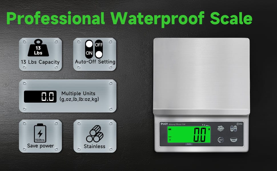 Polit Food Kitchen Scale Sun, 13lb/6Kg Digital Kitchen Scale Grams Ounces 0.5g/0.01oz Accuracy, Waterproof Stainless Steel with LCD Display, Rechargeable, 5 Weight Units (Power Adaptor Included)