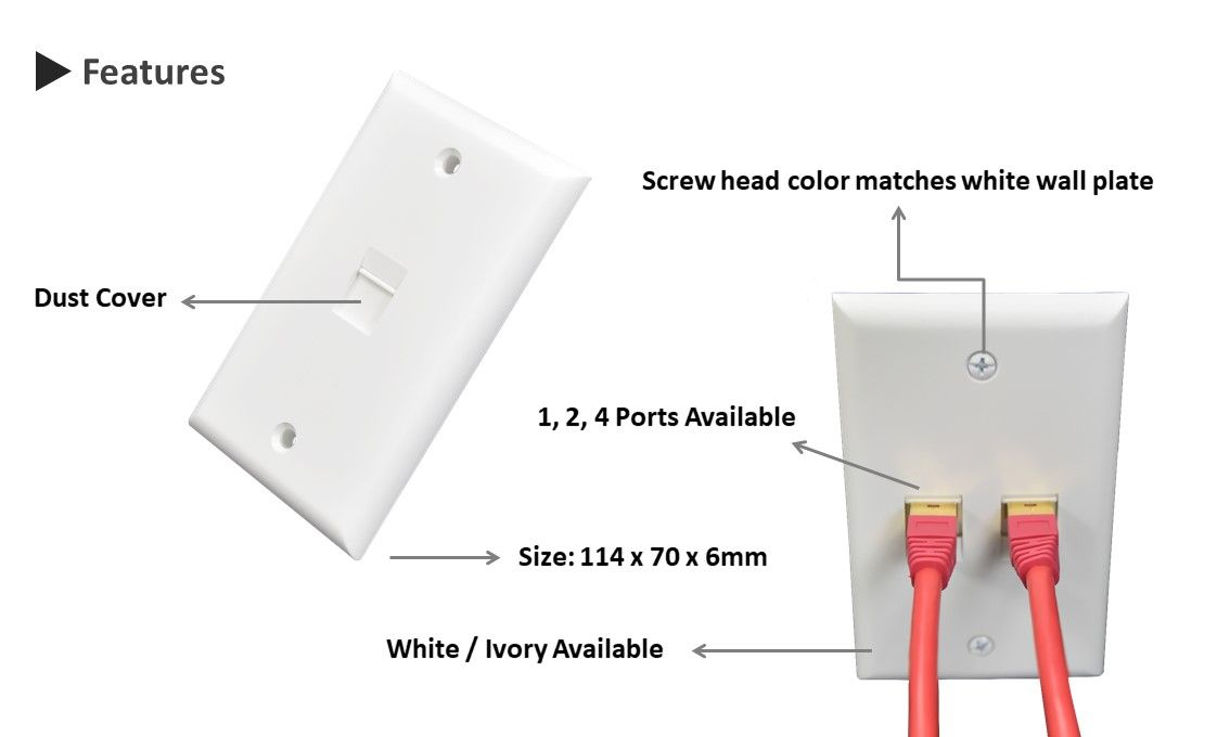 The American type faceplates are available with 1 port, 2port, and 4 ports in White or Ivory color. Each port has dust cover to maintain clean and keep clear, even the screw head color matches white wall plate.