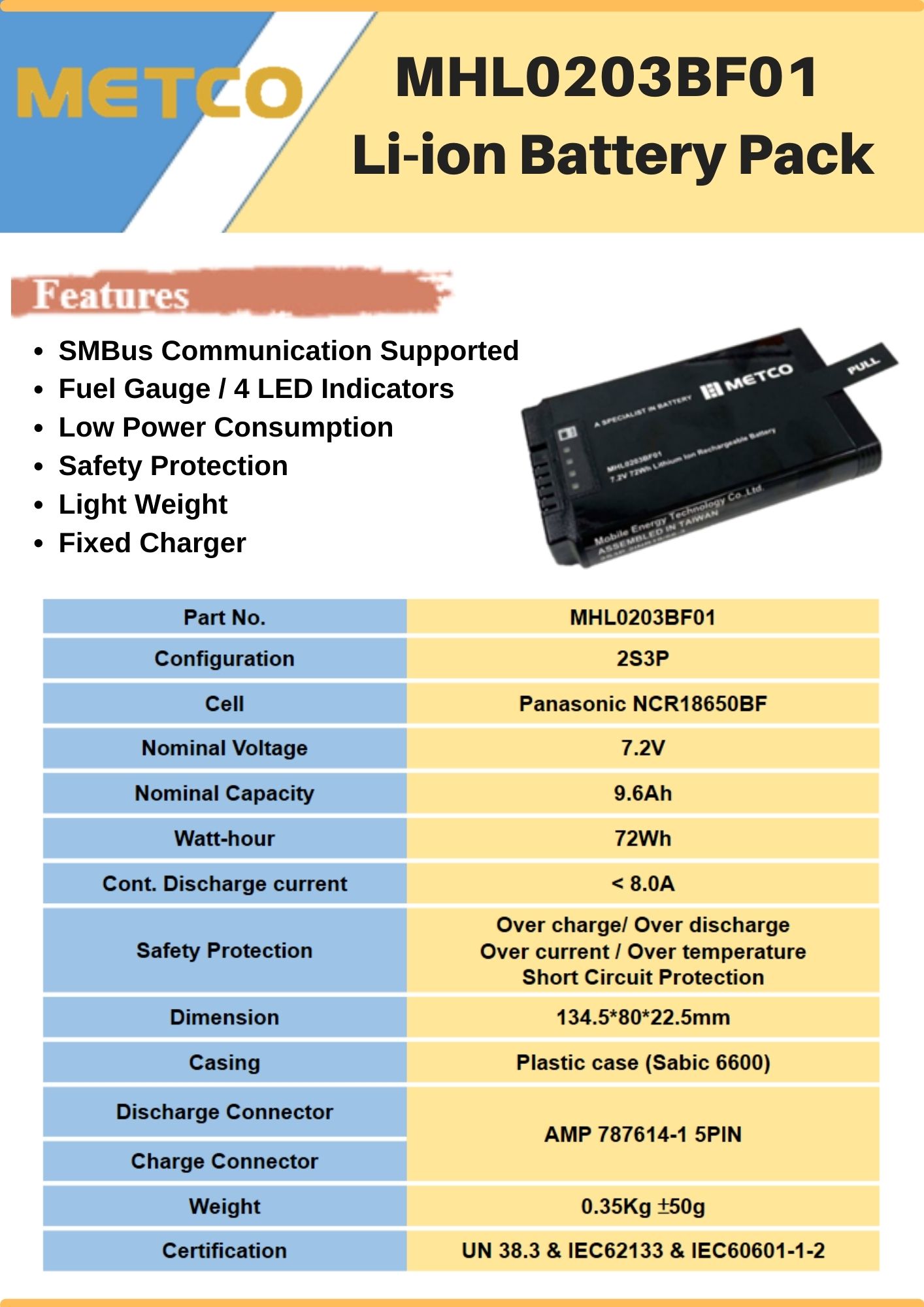 METCO MHL0203BF01 - Li-ion Battery Pack 7.2 V / 9.6Ah