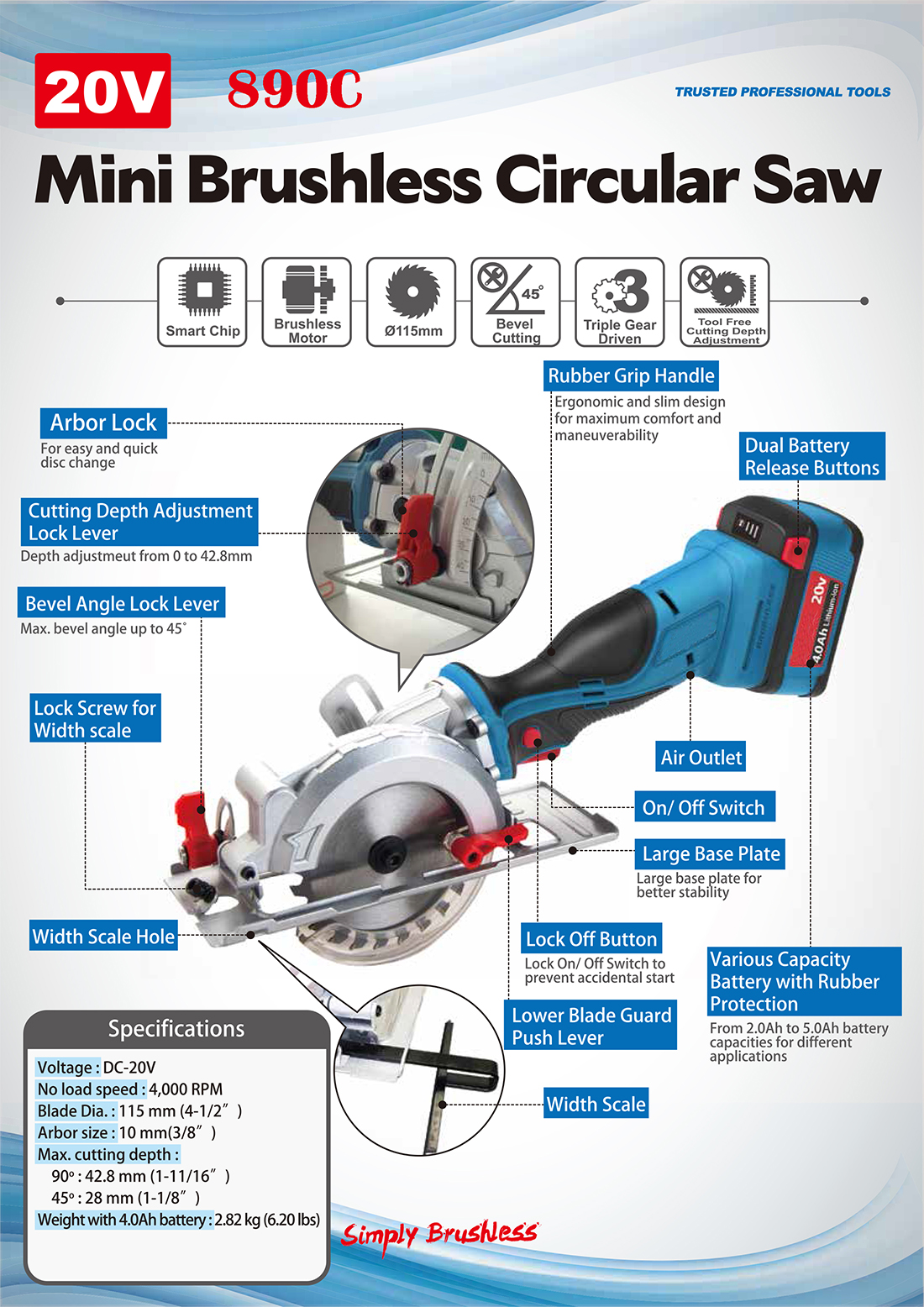 20V Mini Brushless Circular Saw (115mm / 4-1/2’’ ) | Taiwantrade