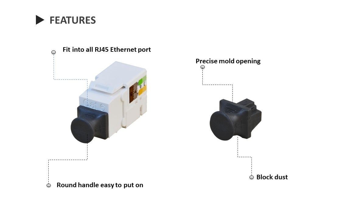 Le protecteur de prise RJ45 évite la poussière des ports ouverts, prolonge la durée de vie des prises Keystone et des systèmes de câblage structuré.