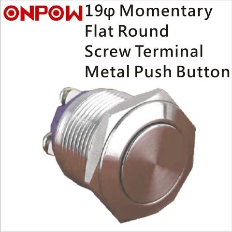 ONPOW 19mm Metal Push Button Switch Momentary Flat Round Screw Terminal 