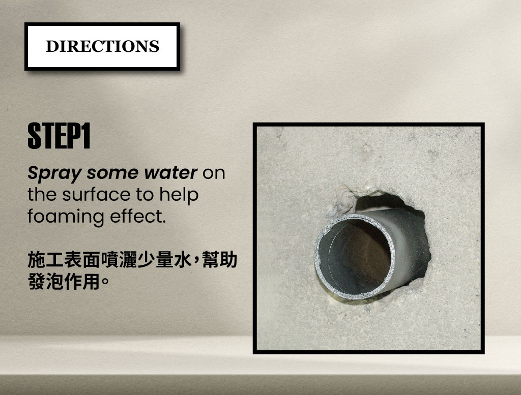 Step-by-step usage of PowerBon PU Foam Expanding Filler – spray water, apply upside down, foam expansion, cutting, sanding, and painting