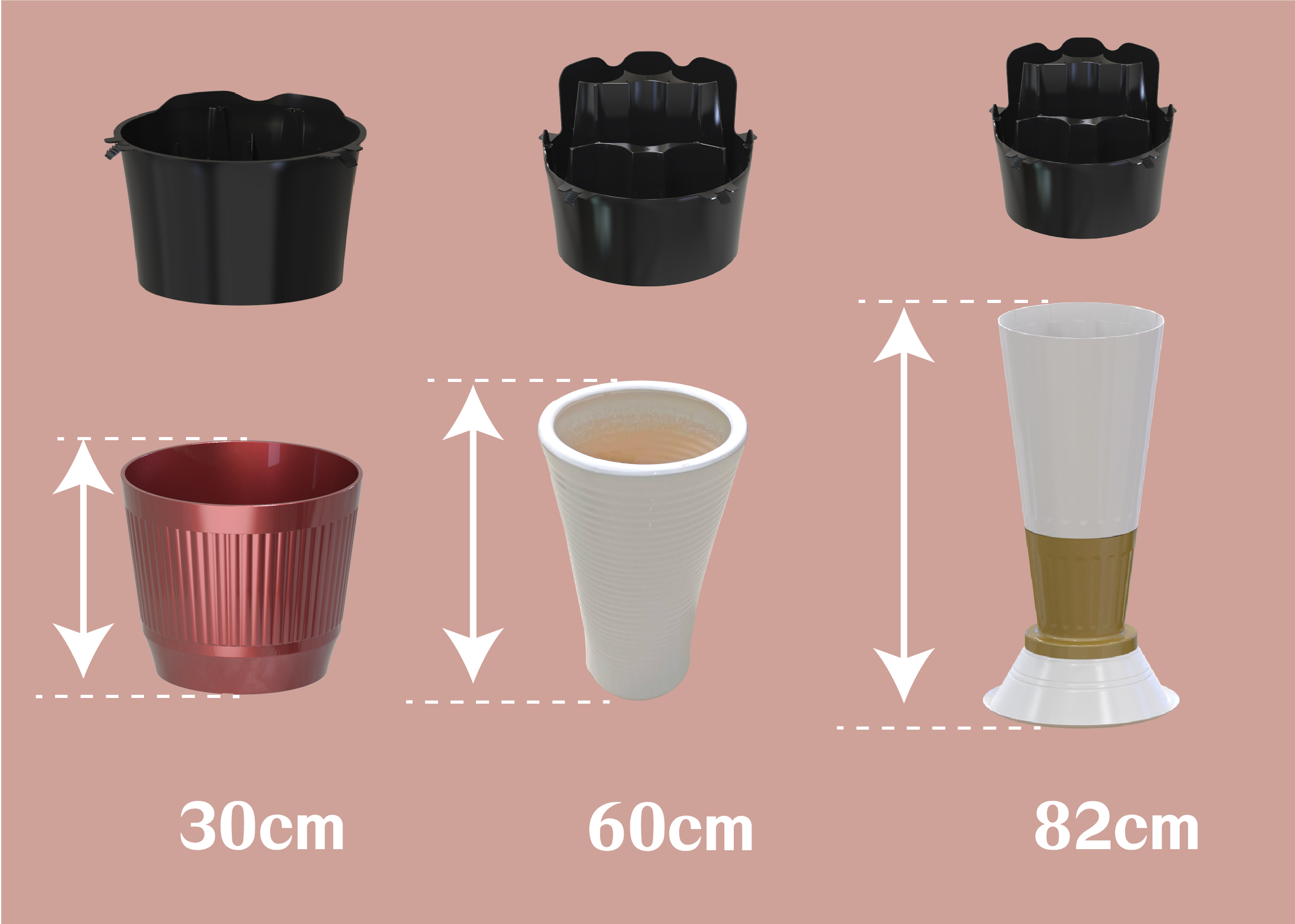 Quick-assembly orchid tray compatible with multiple planters—tabletop plastic pots, traditional floor ceramic pots, and modular Roman column stands—flexible for diverse floral displays.