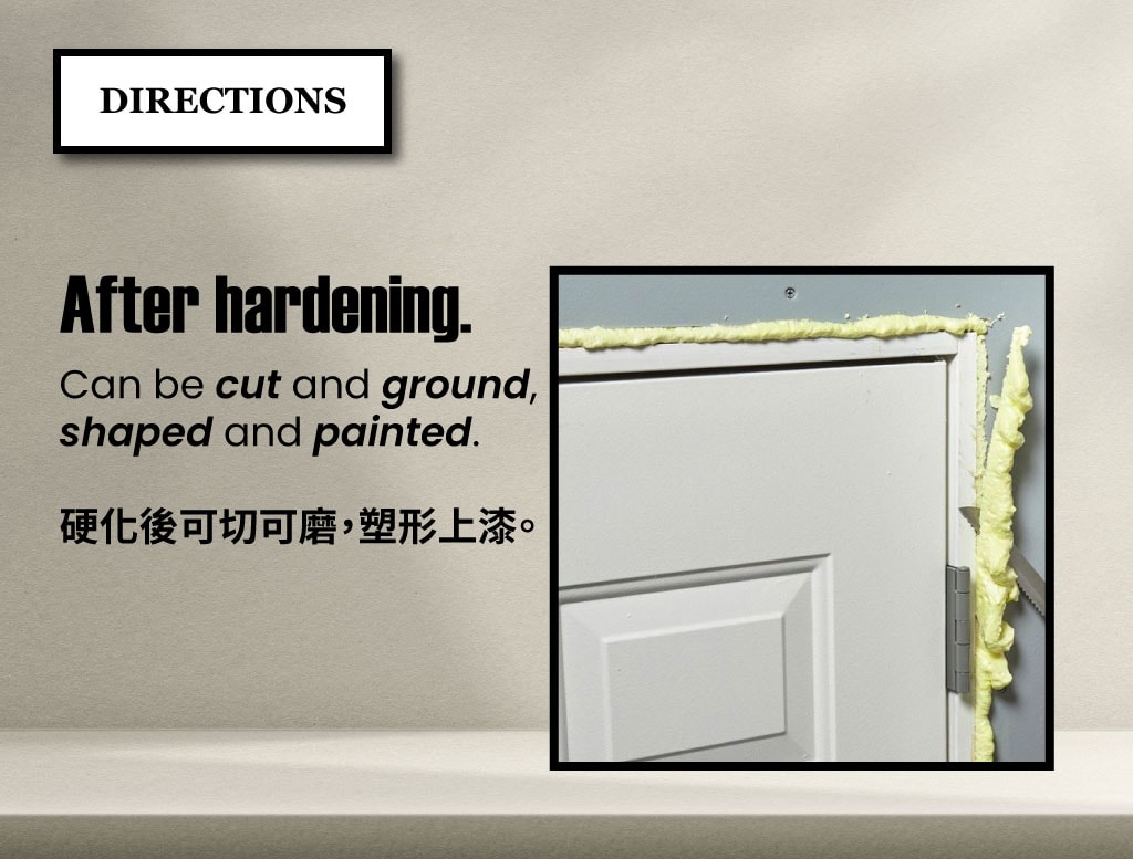 Step-by-step usage of PowerBon PU Foam Expanding Filler – spray water, apply upside down, foam expansion, cutting, sanding, and painting