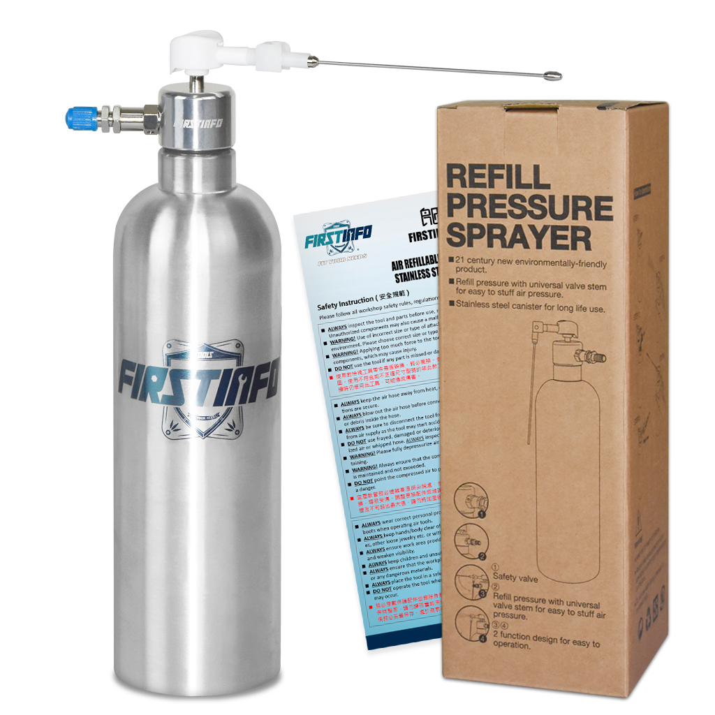 FIRSTINFO Upgraded Aerosol Refillable Spray Can Aluminum Pneumatic Manual Compressed Air Fluid Refillable Bottle 2-Way Nozzle with Jet Straight Stream and Wide Mist Spray 