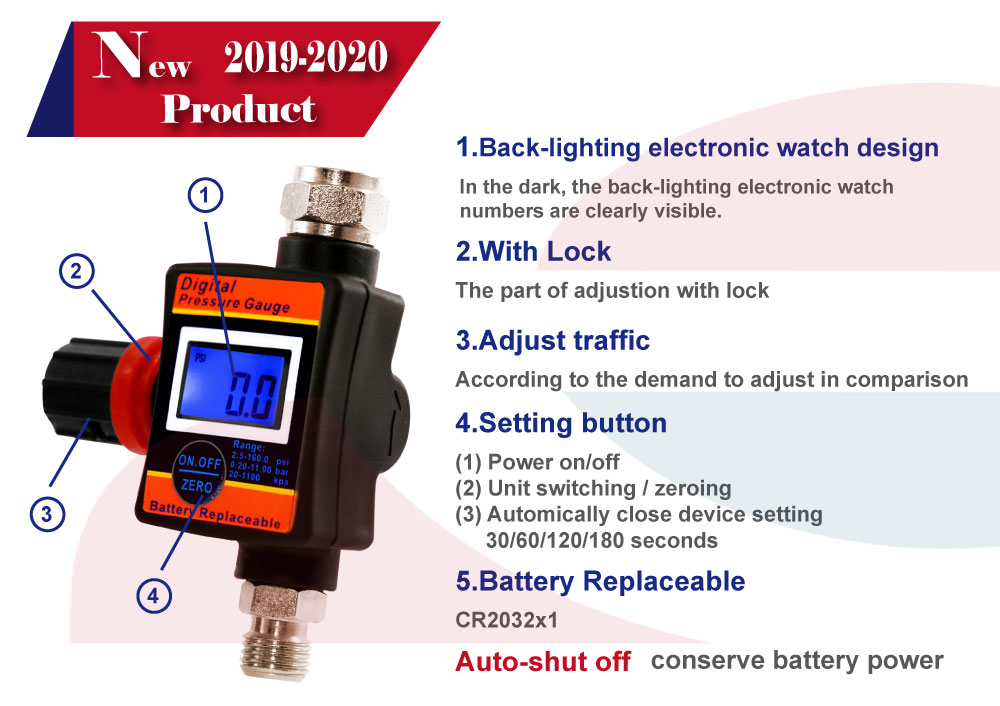 New LEMATEC 1/4" Digital Air Regulator With Pressure Gauge Backlight LCD For Spray Gun Air
