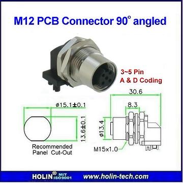 M12 Female Panel Mount Connector, Angle Receptacle For PCB Assembly ...