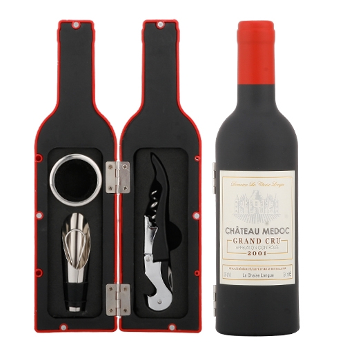 Bottle shaped wine set/wine ring, pourer and corkscrew