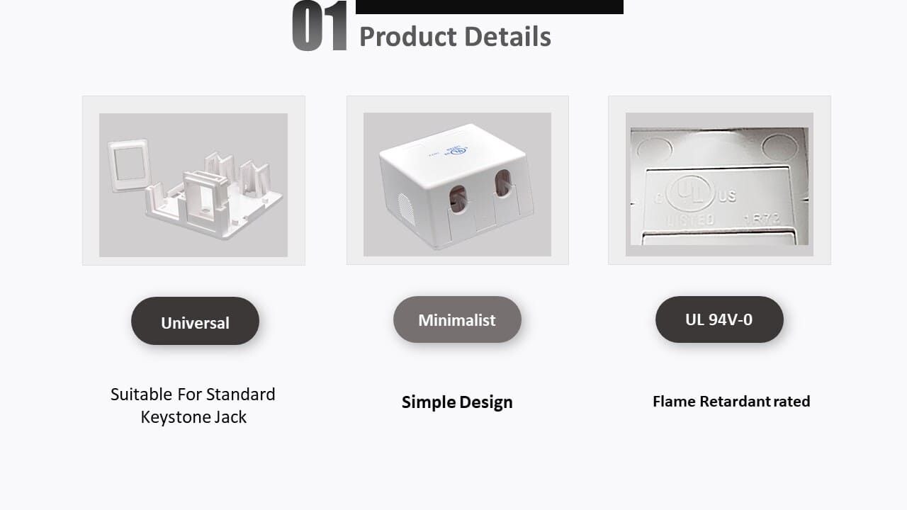 Die 2-Gang-Netzwerk-Keystone-Jack-Box ist flach und für abgeschirmte und nicht abgeschirmte Ksytone-Module geeignet.