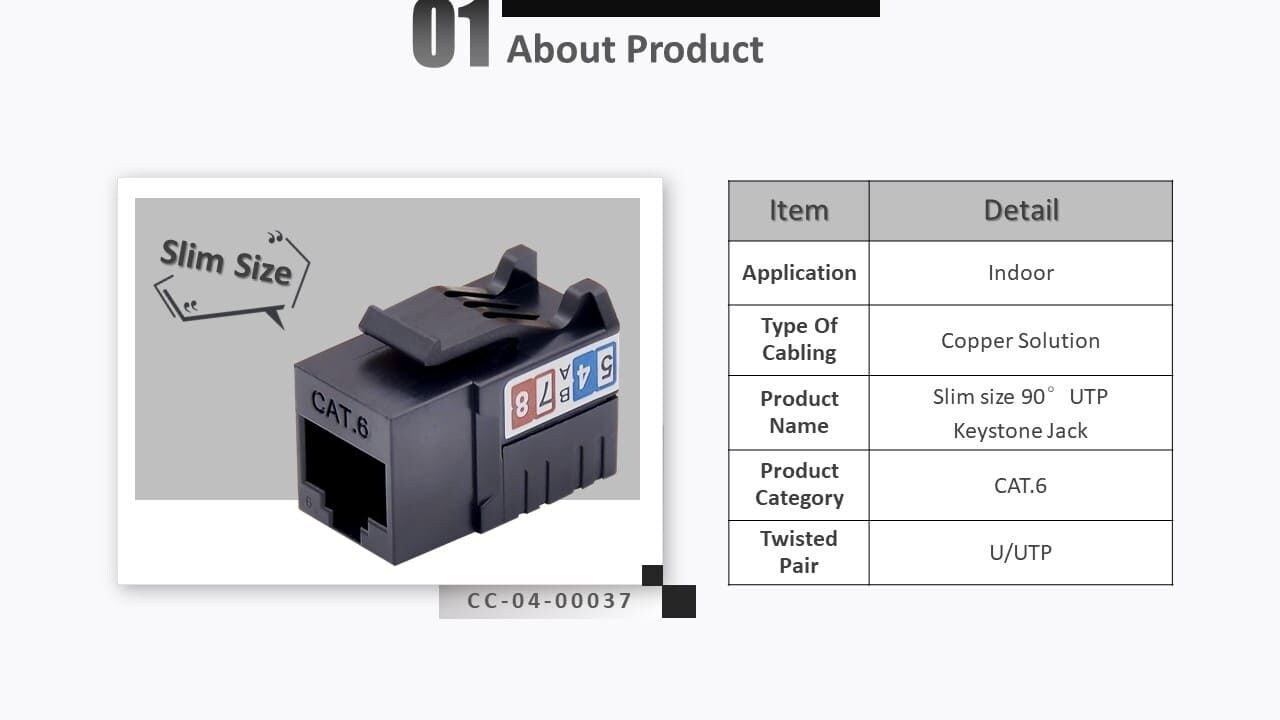 El conector de pared Crxconec cat6 UTP de 90 grados es un diseño delgado que puede caber con una solución de alta densidad de 1U 24 puertos o 1 U 48 puertos. Adecuado para cables Ethernet sólidos o trenzados de 23AWG ~ 26AWG.