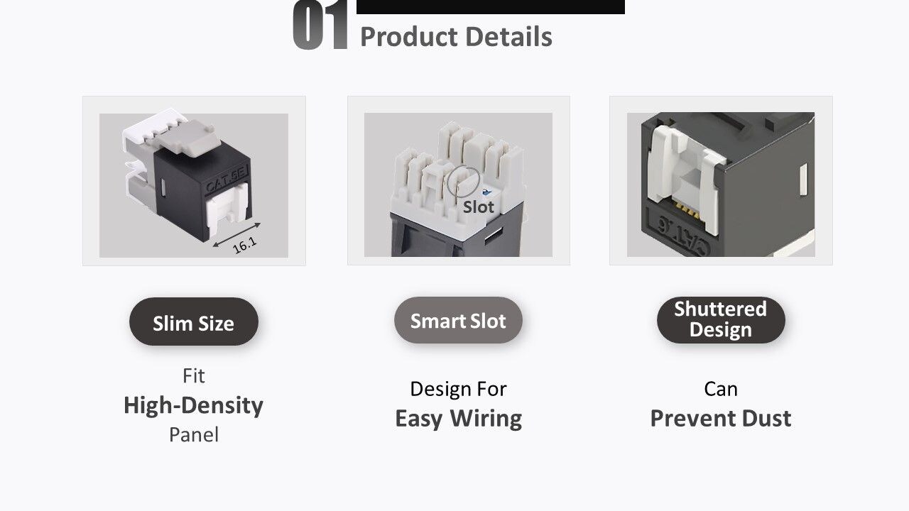 El conector trapezoidal tipo perforado de 180 grados sin apantallar Crxconec C5e tiene un diseño delgado que puede caber con una solución de alta densidad de 1U y 48 puertos.