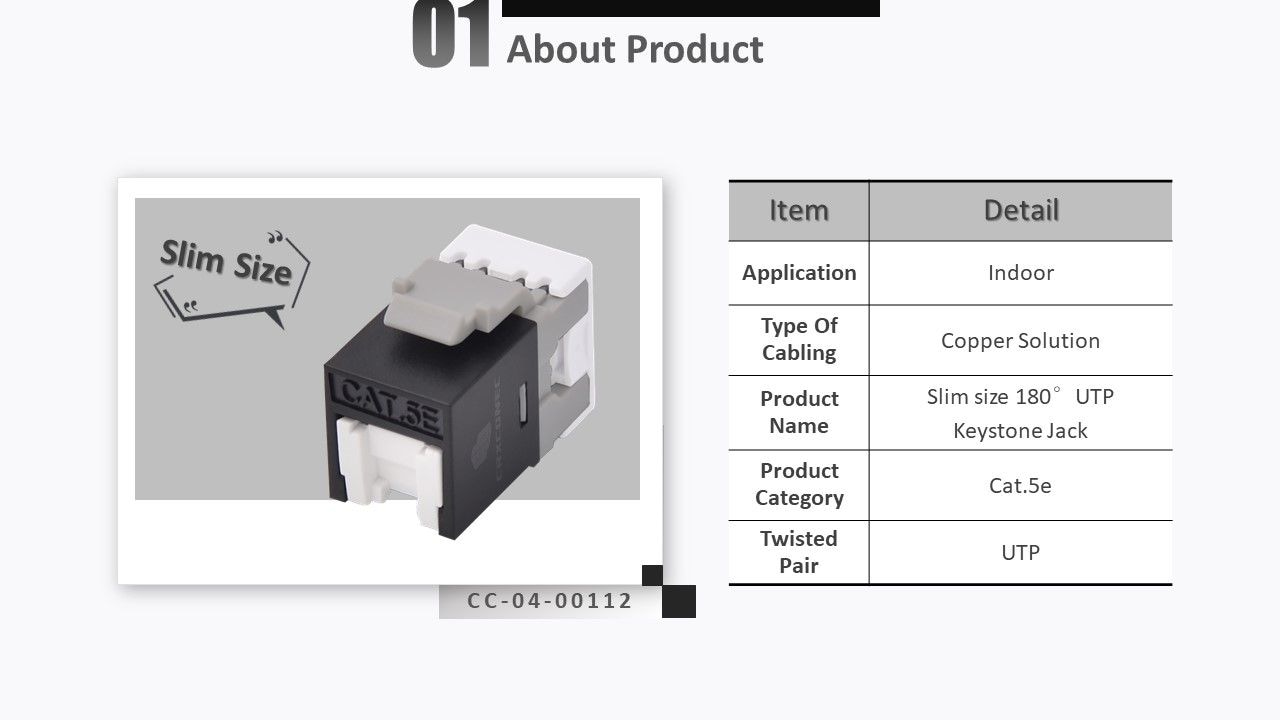 Crxconec cat5e UTP 180-Grad-Trapezbuchse ist schlankes Design und passt in Lösungen mit hoher Dichte. Unterstützt 110 Punch-Down-Typen, optional für T568A- und B-Verkabelung.